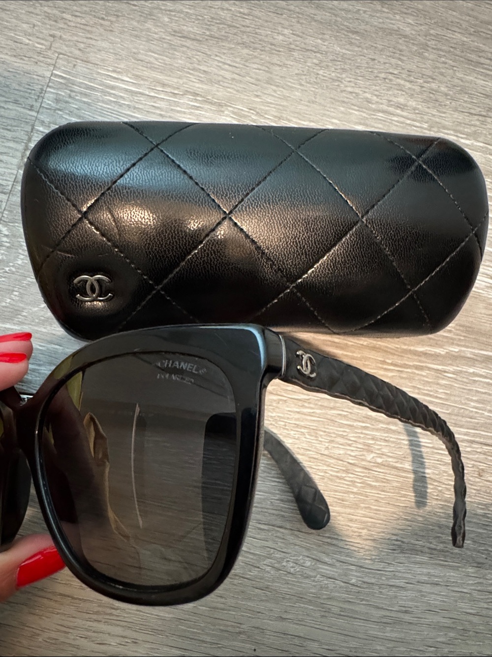 CHANEL Black Quilted-Temple Sunglasses with Logo Case